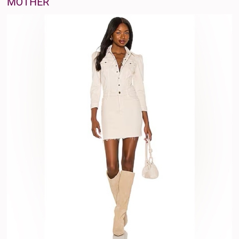 New MOTHER Puffy Bruiser Mini Dress cream summer Denim Jeans revolve 395$ casual